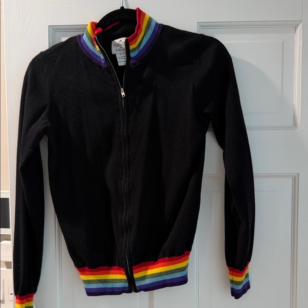 Aqua Black Kids Zip Front Jacket with Rainbow Trim